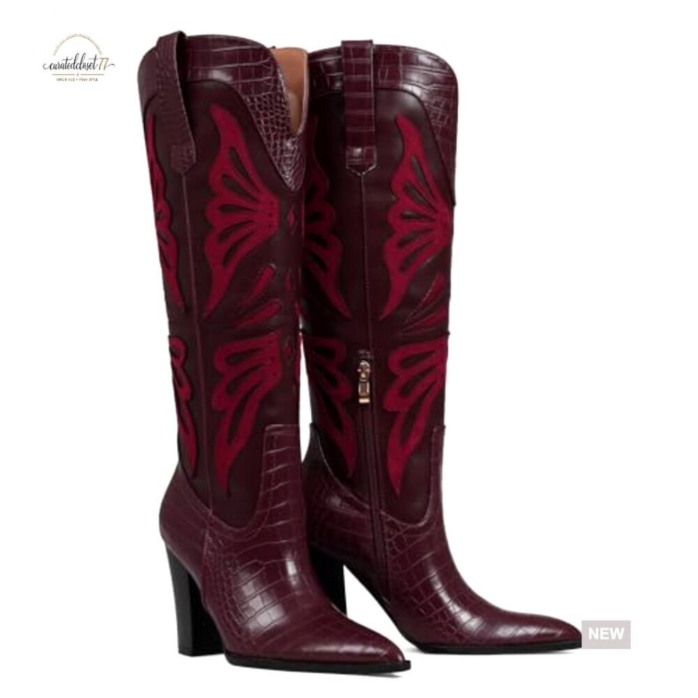 Knee High Cowboy Boots Pointed Toe Chunky Heel Wide Calf Western Boots - Picture 4 of 7